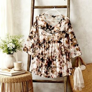 Cocomo Top Women Plus 2X Slinky Tunic Floral Smocked 3/4 Sleeve Office Career